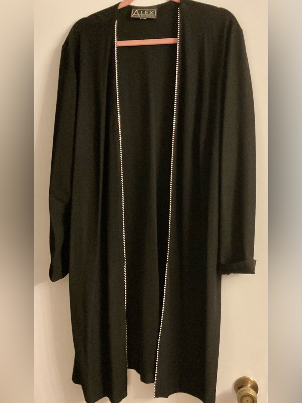 💎 Black Long Open-Front Duster w/Rhinestone Trim